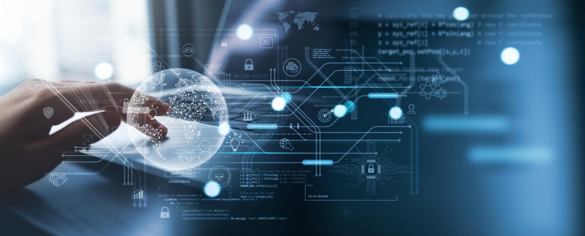 A hand interacting with a holographic globe surrounded by AI, security and cloud icons.