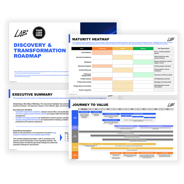 A diagram showing key excerpts from a LAB3 report clients are armed with following a two week discovery sprint reviewing its current technology environment.